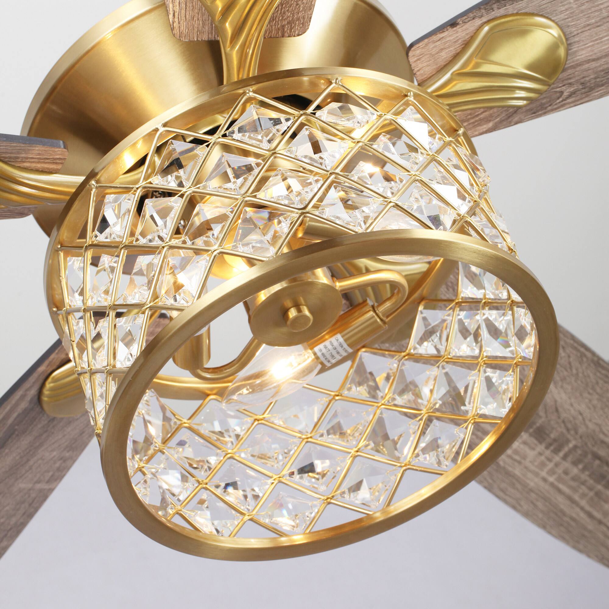 Alt View 7. Parrot Uncle - 52" Modern Wood 5-Blade Gold Crystal Ceiling Fan Fandelier with Remote and Light Kit - Gold.