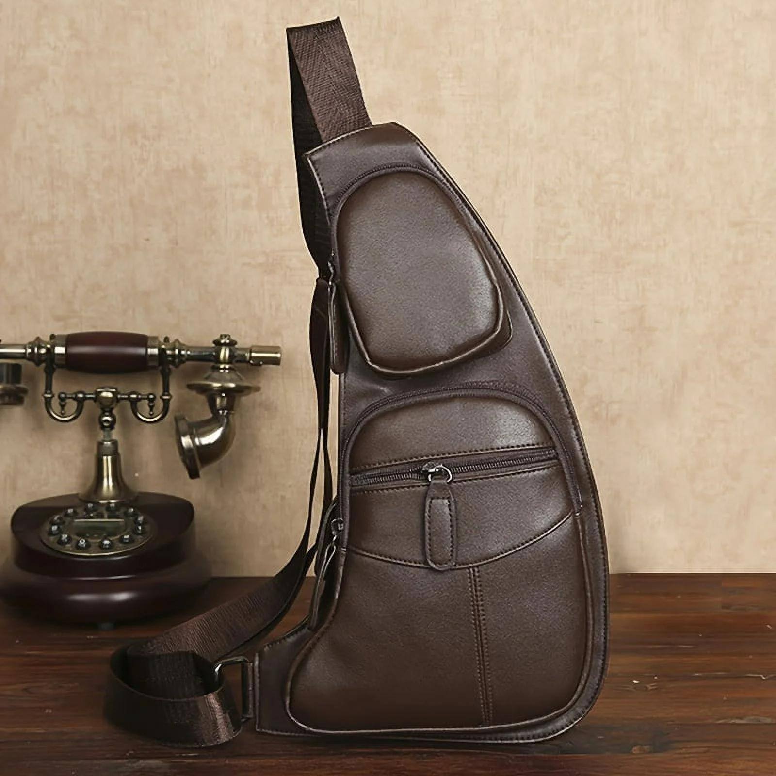 Angle. Acteck - Leather Sling Bag Crossbody Backpack for Men Women Travel Outdoor Sports - Brown.