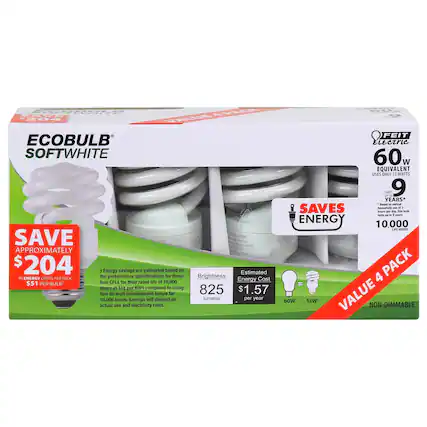 ECOBULB SOFTWHITE
FEIT Electric
60W EQUIVALENT
USES ONLY 13 WATTS
LASTS UP TO 9 YEARS*
10,000 LIFE HOURS
SAVE APPROXIMATELY $204 IN ENERGY COSTS PER PACK
$51 PER BULB*
Energy savings are estimated based on the performance specifications for these four CFLs for their rated life of 10,000 hours at 11.1 kWh compared to using 60W incandescent lamps for 10,000 hours. Savings will depend on actual use and electricity rates.
Brightness: 825 lumens
Estimated Energy Cost: $1.57 per year
VALUE 4 PACK
NON-DIMMABLE
SAVES ENERGY