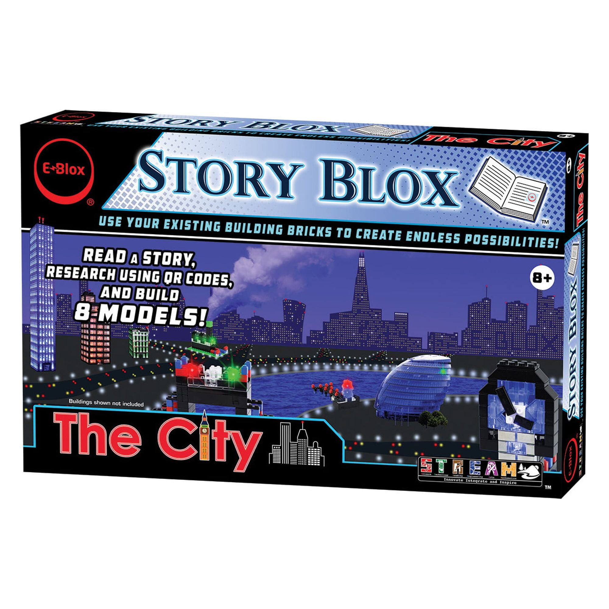 Sure, here is the corrected and grouped text from the image:

---

**E+8lox**

**Story Blox**

**The City**

**Use your existing building bricks to create endless possibilities!**

**Read a story, research using QR codes, and build 8 models!**

**Buildings shown not included**

**8+**

**STEAM**

**STEAM**  
*Science, Technology, Engineering, Art, and Math*

---

This text is organized to reflect the information and layout on the box.