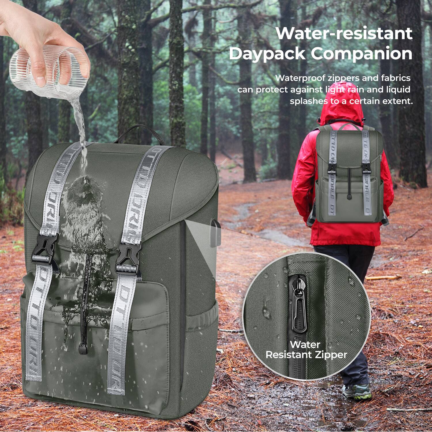 Water-resistant Daypack Companion

Waterproof zippers and fabrics can protect against light rain and liquid splashes to a certain extent.

Water Resistant Zipper