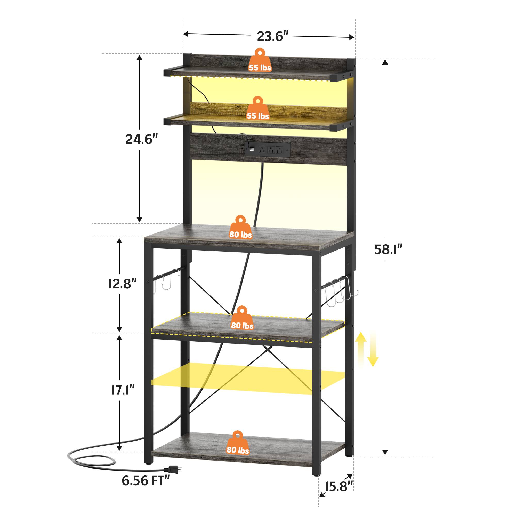 23.6" 55 lbs  
24.6" 55 lbs  
58.1" 12.8" 80 lbs  
17.1" 80 lbs  
6.56 FT" 15.8" 80 lbs