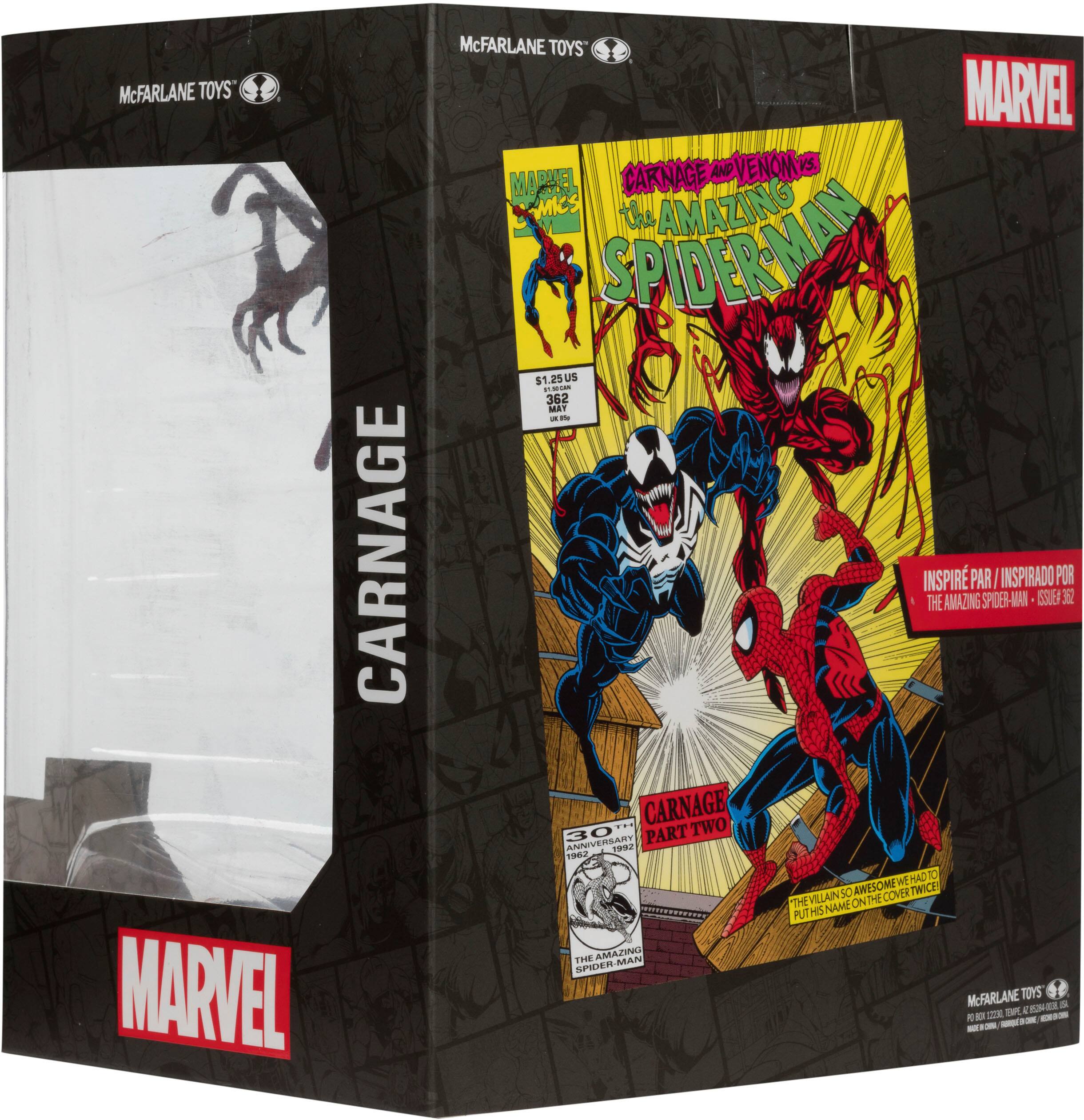 McFarlane Toys Carnage Marvel. The Amazing Spider-Man. $1.25. Inspired by The Amazing Spider-Man. 362 May. Inspirado por The Amazing Spider-Man. 30th Anniversary Special. 1962. Awesome cover. Twice the villain on the put. Name Tom Amazing Spider-Man. McFarlane Toys.