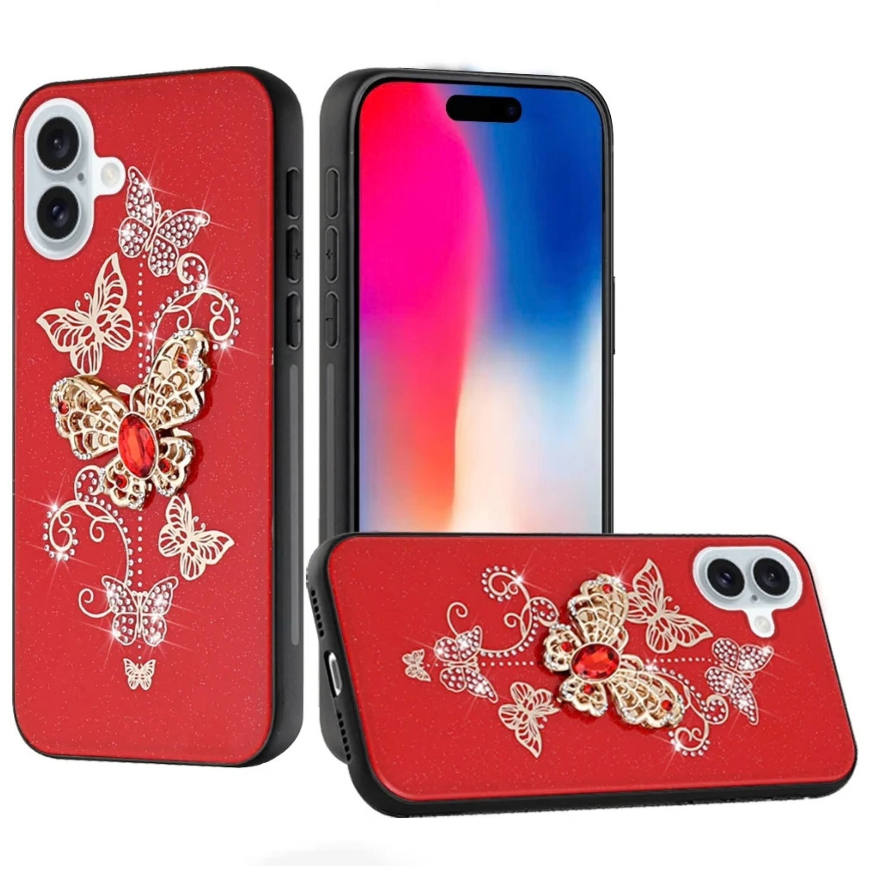 Front. Kitcheniva - Rhinestone Glitter Decorative Phone Case With Tempered Glass For iPhone 16 Plus 6.7 Inch Garden Red - Red.