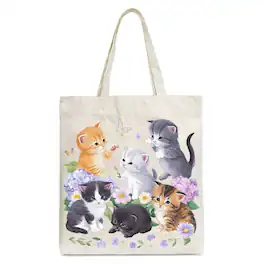 OrnamentallyYou - Cute Baby Cats Wildflower Tote Bag, Cottagecore Botanical Cat Gift Shopper - Beige