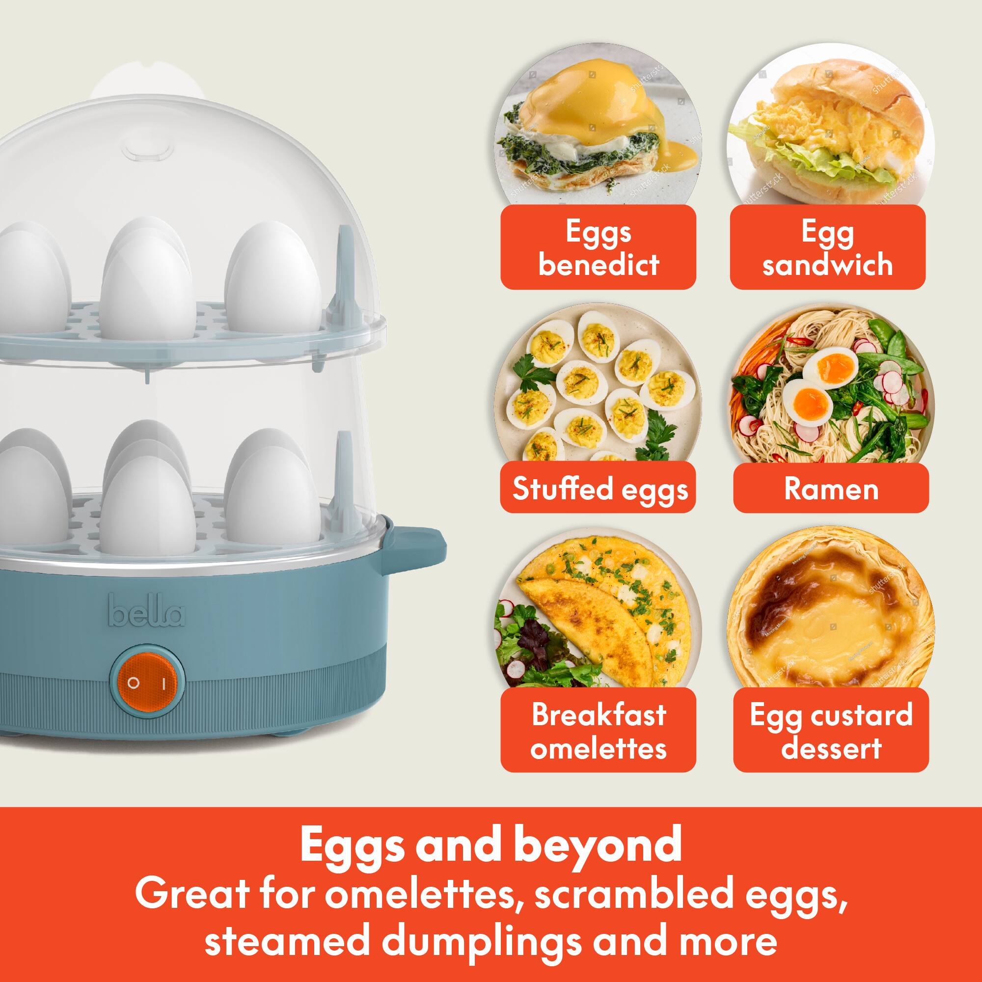 Eggs and beyond  
Great for omelettes, scrambled eggs, steamed dumplings and more  

- Eggs benedict  
- Egg sandwich  
- Stuffed eggs  
- Ramen  
- Breakfast omelettes  
- Egg custard dessert