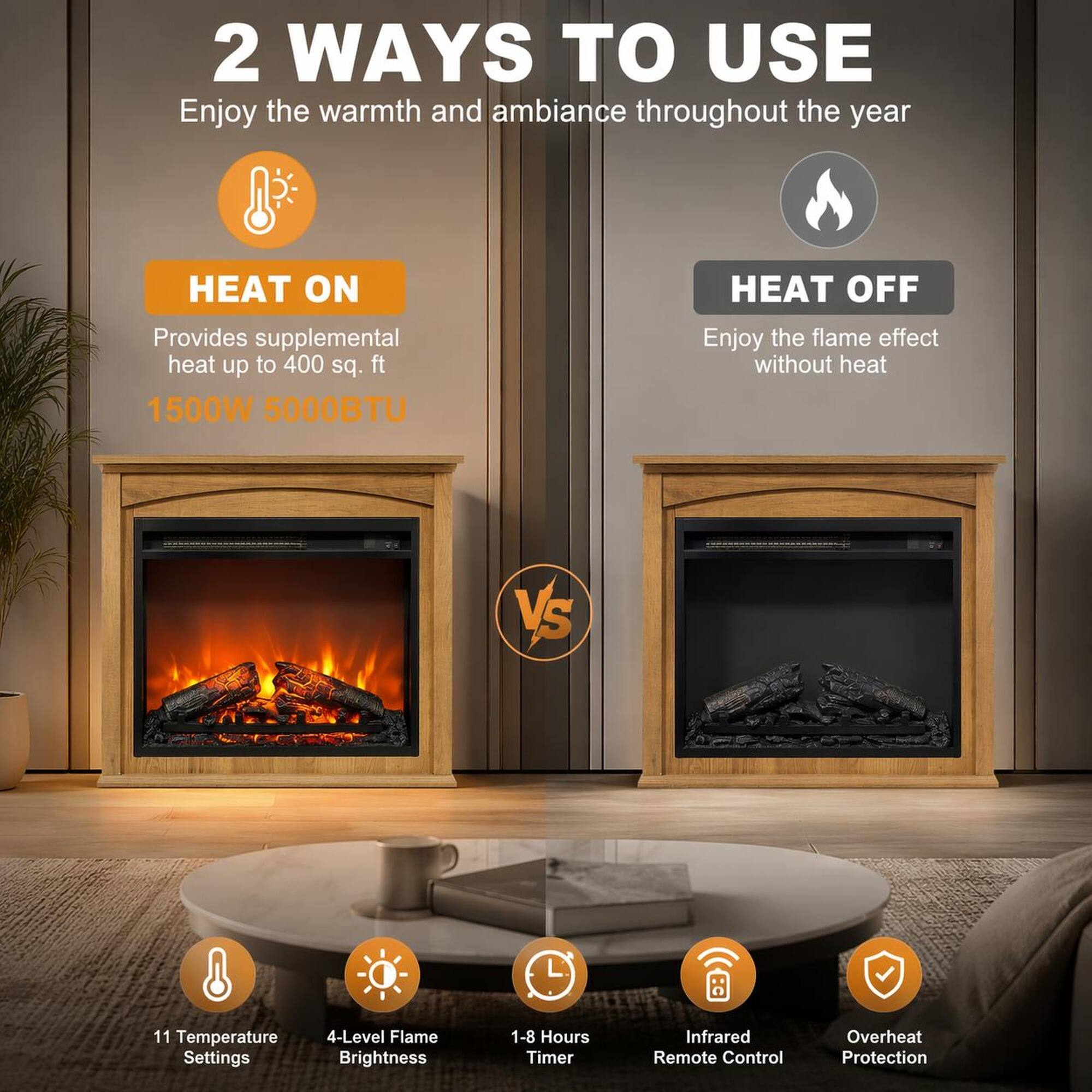 2 WAYS TO USE  
Enjoy the warmth and ambiance throughout the year

HEAT ON  
Provides supplemental heat up to 400 sq. ft  
1500W 5000BTU

HEAT OFF  
Enjoy the flame effect without heat

11 Temperature Settings  
4-Level Flame Brightness  
1-8 Hours Timer  
Infrared Remote Control  
Overheat Protection