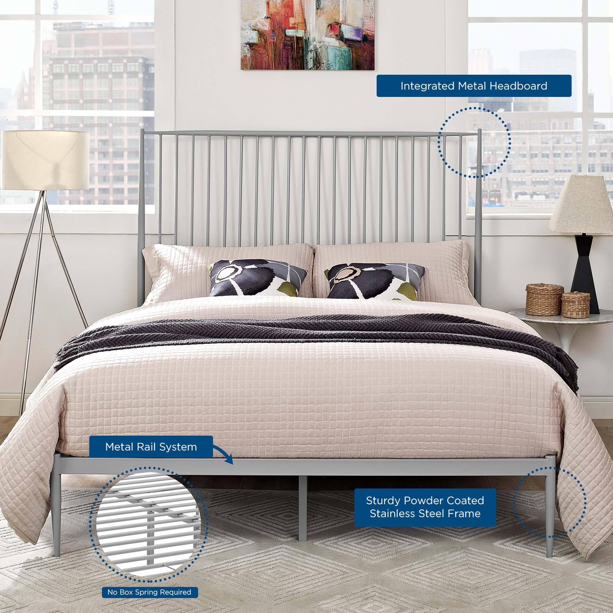 - Integrated Metal Headboard
- Metal Rail System
- Sturdy Powder Coated Stainless Steel Frame
- No Box Spring Required