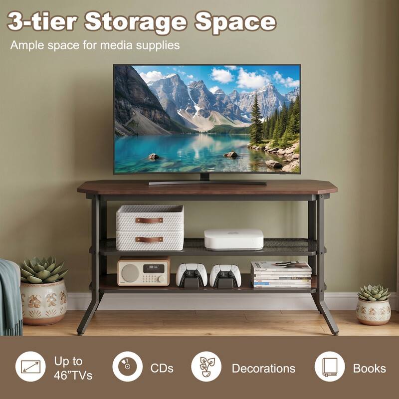 3-tier Storage Space  
Ample space for media supplies

Up to 46" TVs  
CDs  
Decorations  
Books