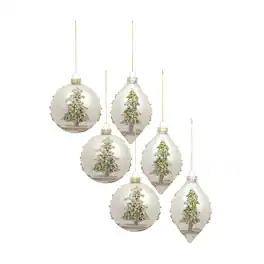 BreeBe - Painted Snowy Pine Tree Ball Ornament (Set of 6) - Green, Gold, Silver