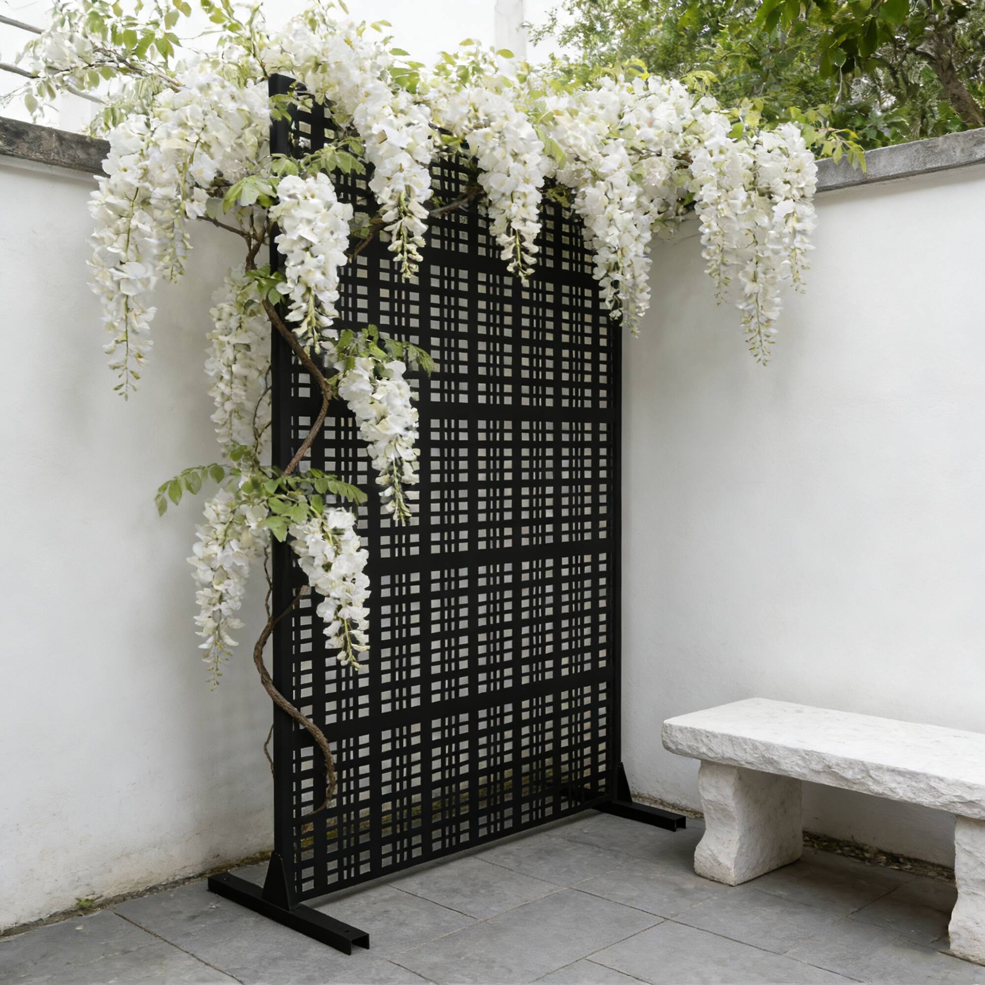 Back. Loheer - Freestanding Metal Privacy Screen 6 ft x 3.61 ft Decorative Room Divider for Patio Balcony Garden - Black.