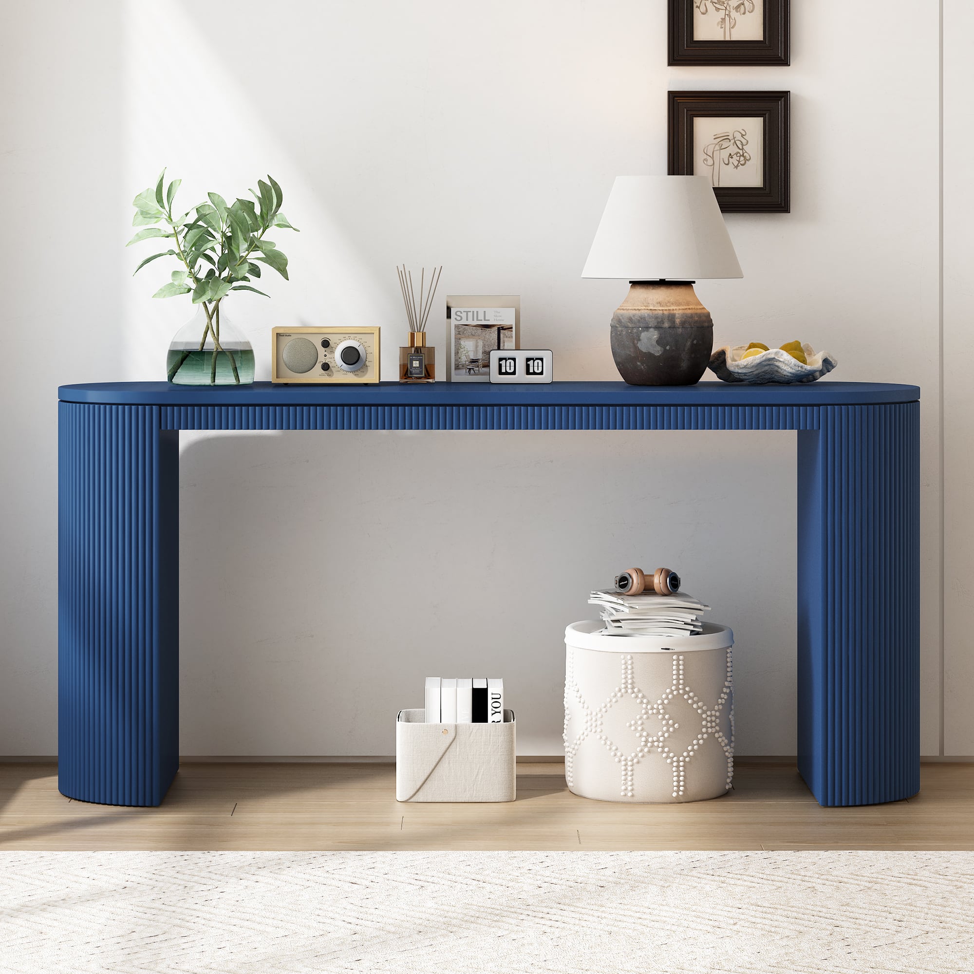 TinyHomie - Curved Design Console Table with Unique Vertical Stripe Design Suitable for Living Room Study and Entrance - Navy