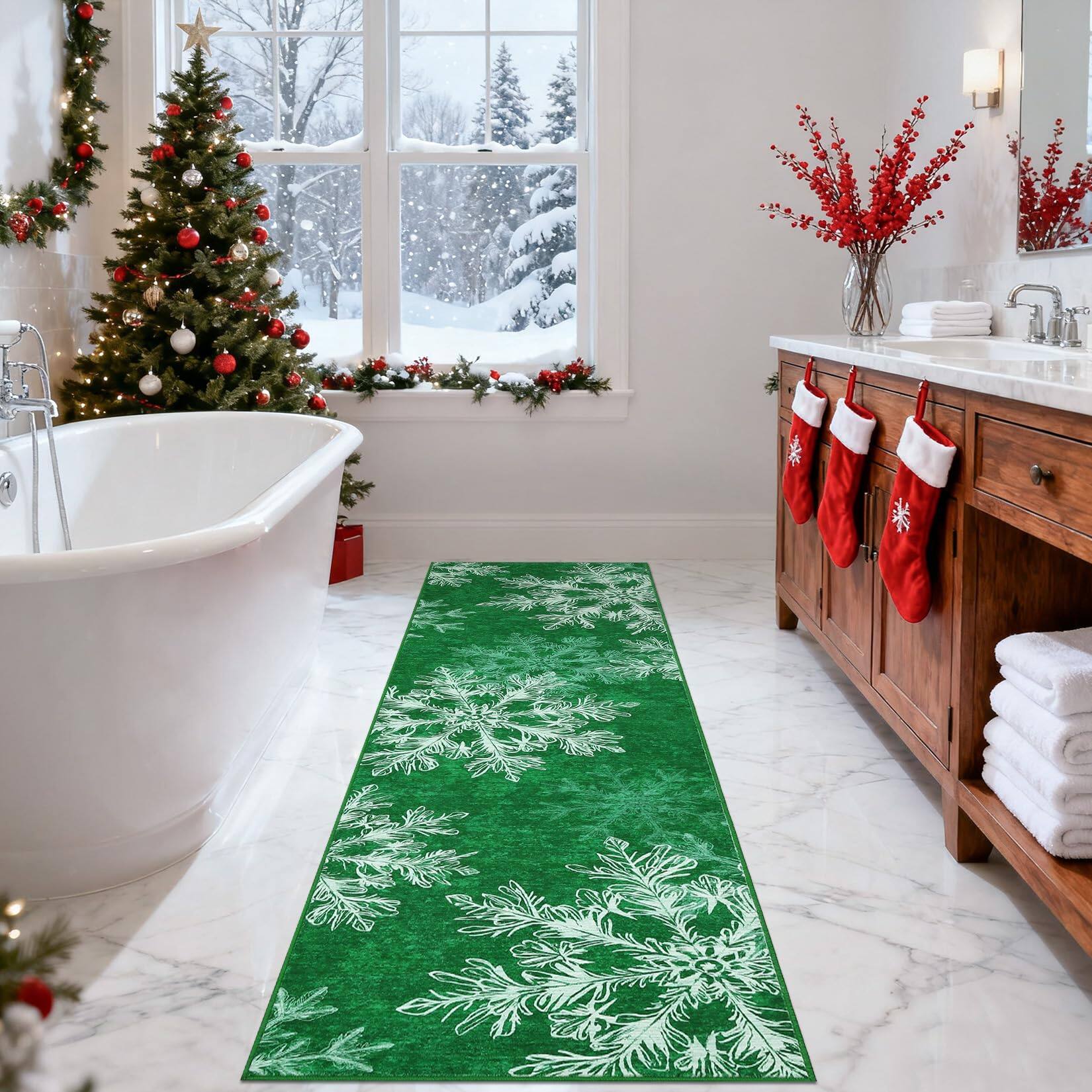 Back. Jojoka - 2x6ft  Christmas Snowflakes Printed Area Rug Washable Non Slip,Soft Indoor Carpets,Low Pile Xmas Decoration Rugs - Green.