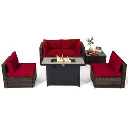 Costway - 6PCS Patio Furniture Set Rattan Cushioned Sofa Gas Fire Pit Table - Red