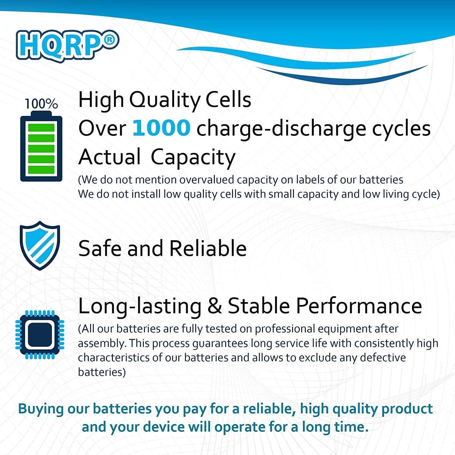 HQRP 100% High Quality Cells  
Over 1000 charge-discharge cycles  
Actual Capacity  
(We do not mention overvalued capacity on labels of our batteries. We do not install low quality cells with small capacity and low living cycle)  

Safe and Reliable  

Long-lasting & Stable Performance  
(All our batteries are fully tested on professional equipment after assembly. This process guarantees long service life with consistently high characteristics of our batteries and allows to exclude any defective batteries)  

Buying our batteries you pay for a reliable, high quality product and your device will operate for a long time.