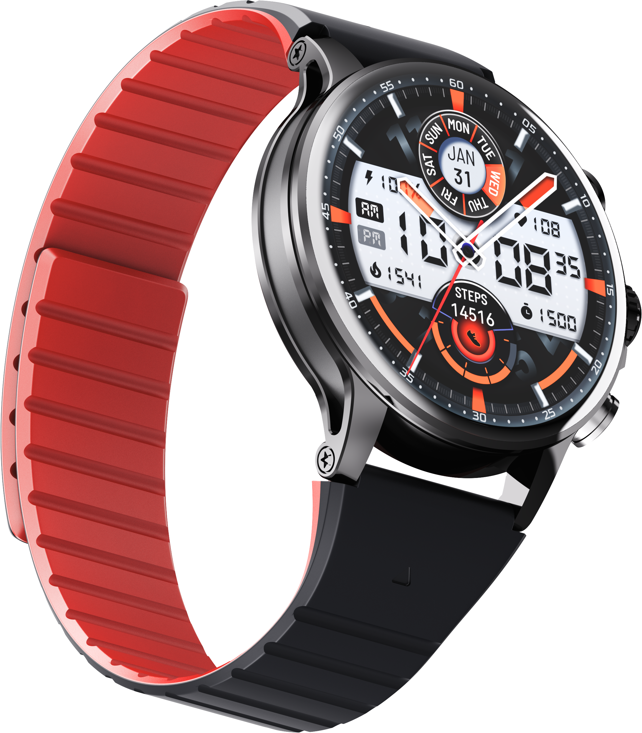 Sure, here is the corrected and grouped text from the image:

- **Date:** SUN MON TUE WED THU FRI SAT
- **Day:** JAN 31
- **Time:** 10:08:35
- **Steps:** 14516
- **Calories:** 1500
- **Heart Rate:** 1541
- **Notifications:** 108
- **Battery:** 100%