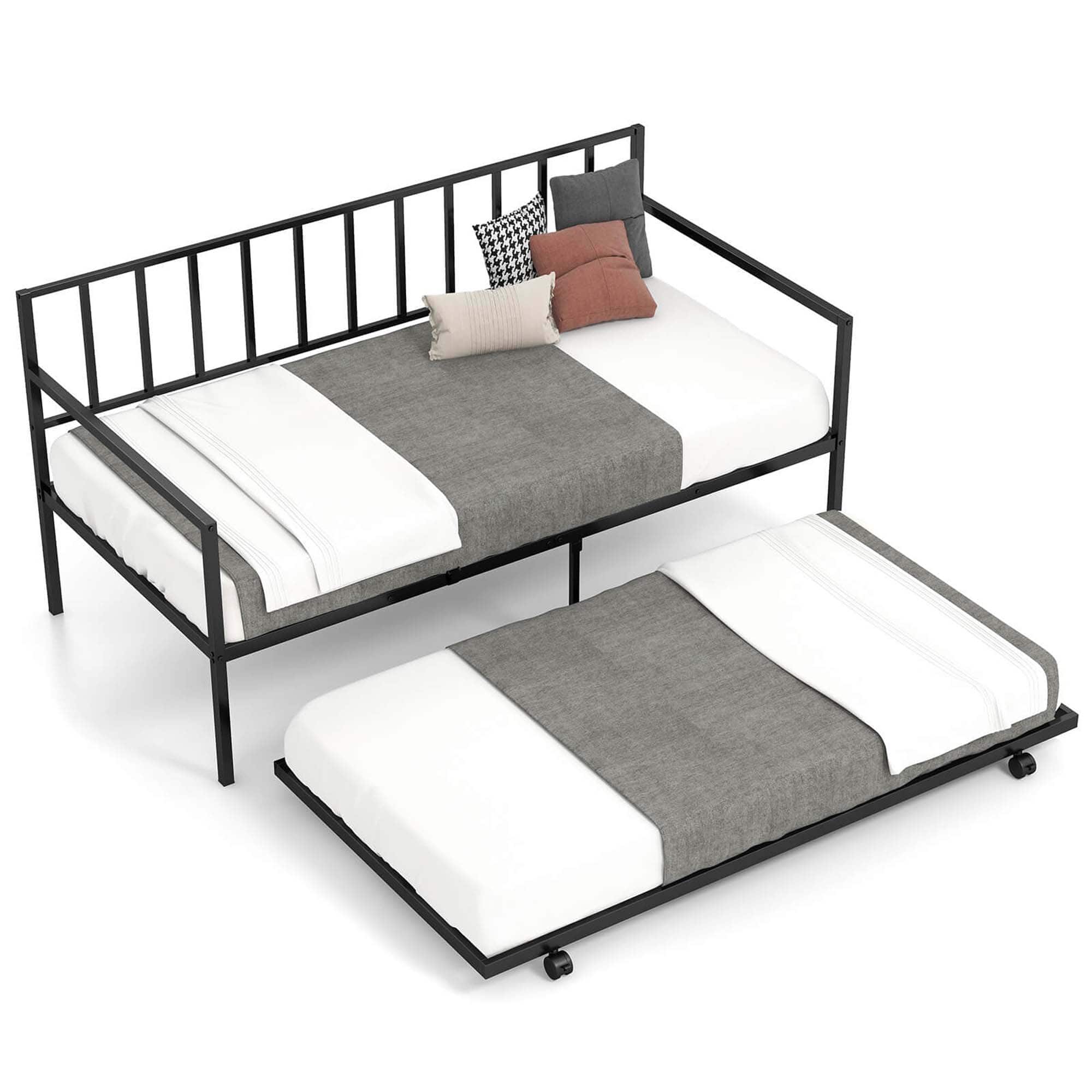Costway - Twin Metal Daybed Sofa Bed with Trundle & Lockable Casters for Living Room - Black