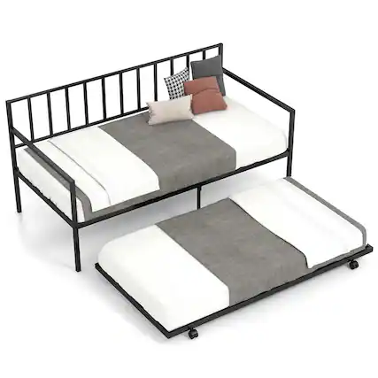 Front. Costway - Costway Twin Metal Daybed Sofa Bed with Trundle & Lockable Casters for Living Room - Black.