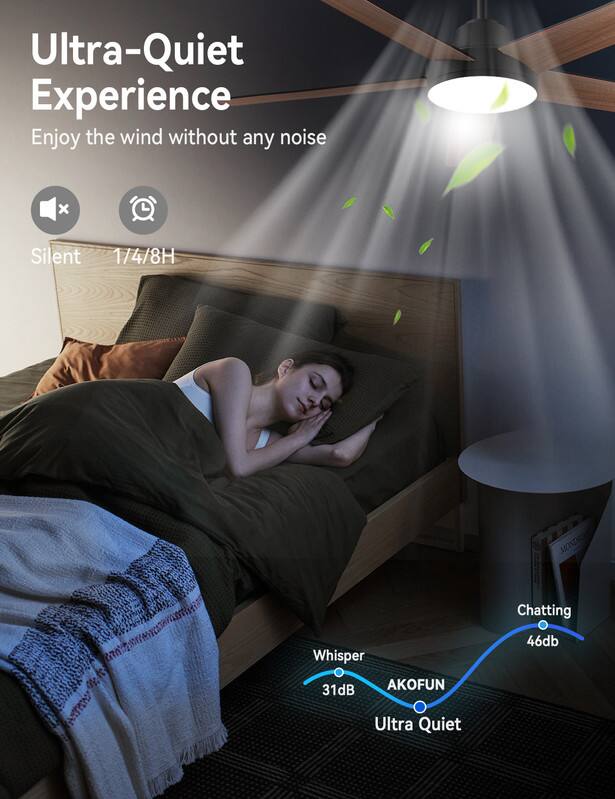 Ultra-Quiet Experience  
Enjoy the wind without any noise  

Silent 1/4/8H  

Whisper 31dB  
Chatting 46dB  
AKOFUN Ultra Quiet