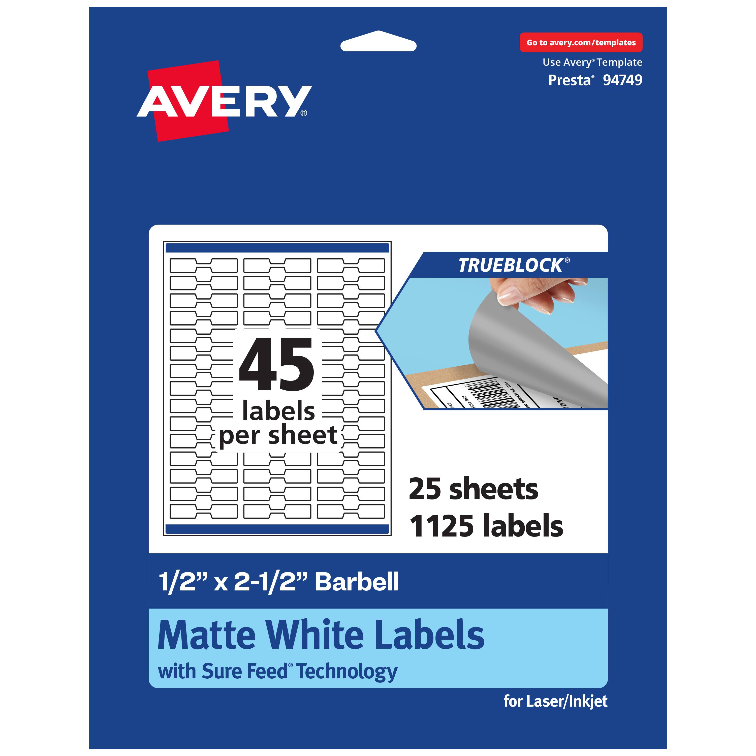 Go to avery.com/templates  
AVERY  
Use Avery Template Presta® 94749  

TRUEBLOCK®  
45 labels per sheet  
25 sheets  
1125 labels  

1/2" x 2-1/2" Barbell Matte White Labels with Sure Feed Technology for Laser/Inkjet