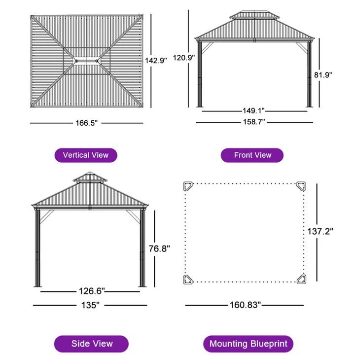 - Vertical View: 142.9", 120.9", 166.5"
- Front View: 149.1", 158.7", 81.9"
- Side View: 126.6", 135", 76.8"
- Mounting Blueprint: 160.83", 137.2"