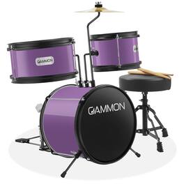Gammon Percussion - 3pc Junior Drum Set - Beginner Kit with Throne - Cymbal - Drumsticks - Purple