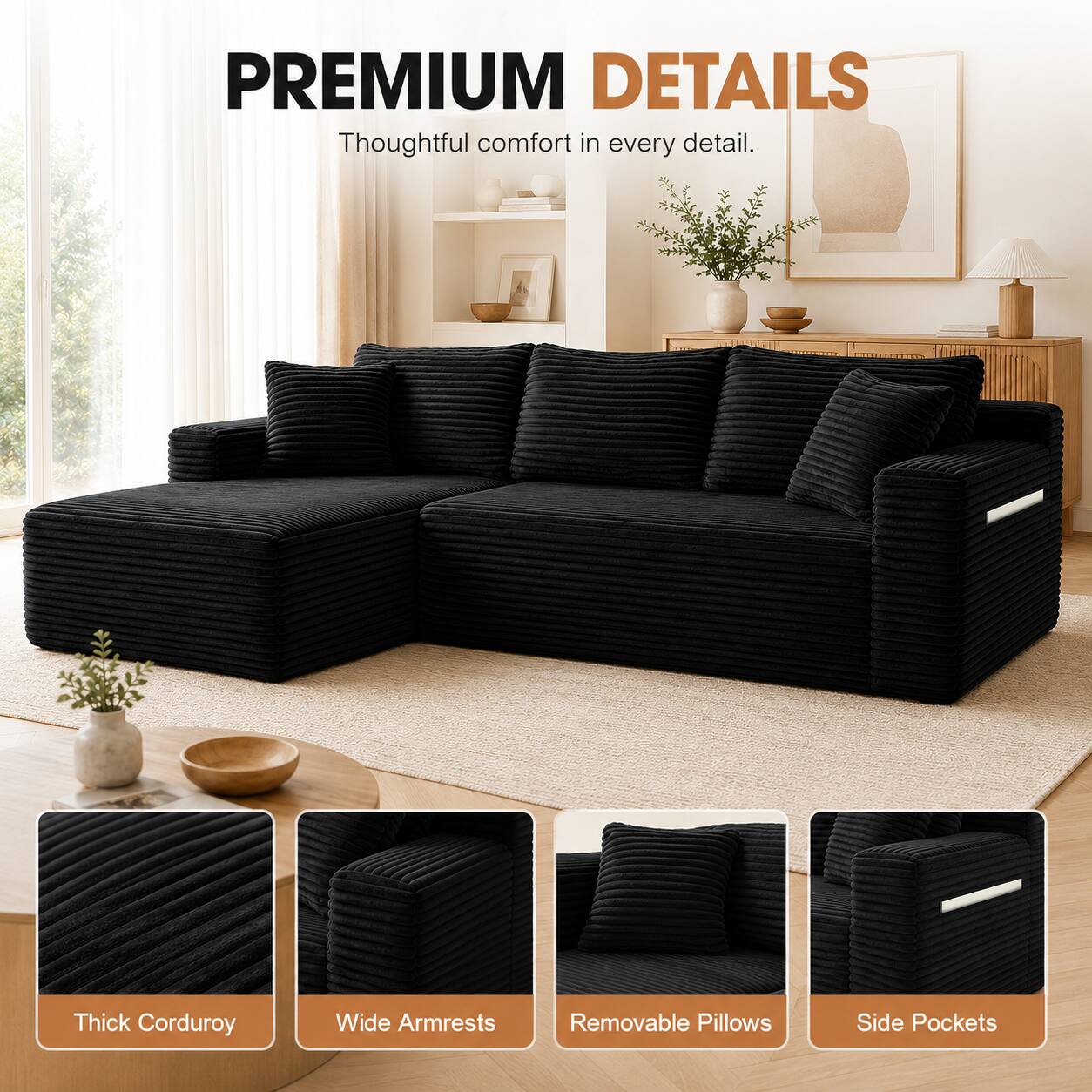 PREMIUM DETAILS  
Thoughtful comfort in every detail.  
- Thick Corduroy  
- Wide Armrests  
- Removable Pillows  
- Side Pockets