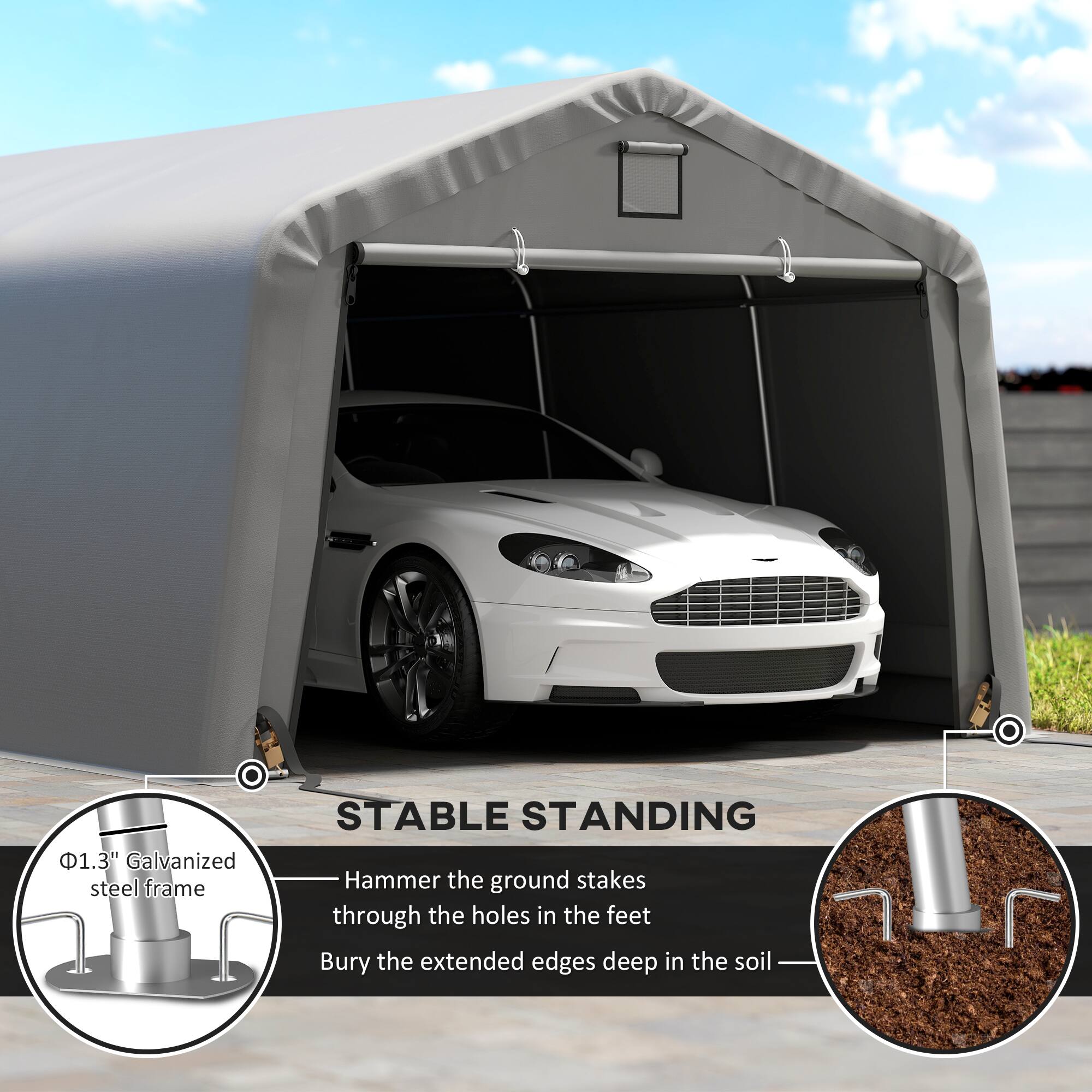 1.3" Galvanized steel frame

STABLE STANDING

Hammer the ground stakes through the holes in the feet

Bury the extended edges deep in the soil