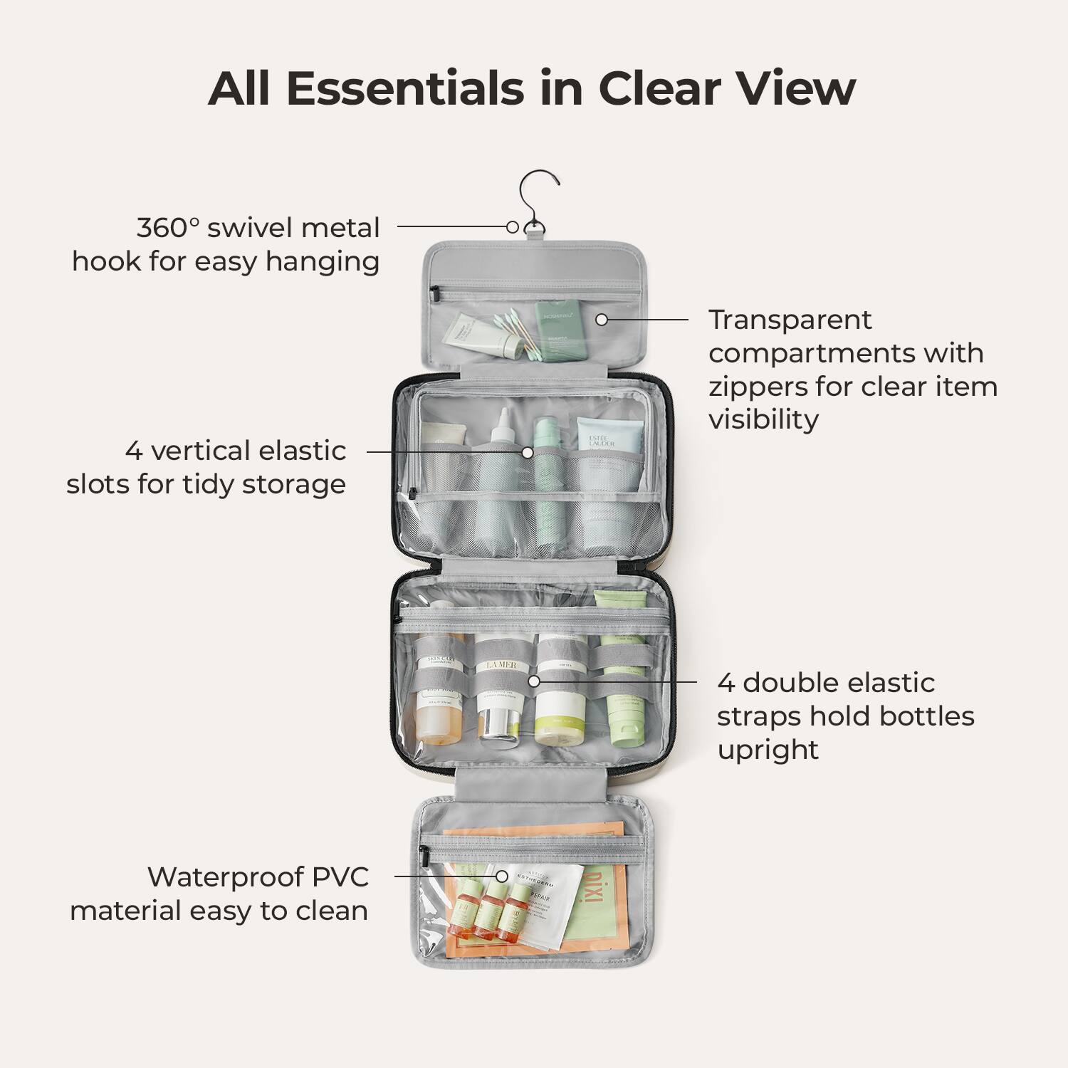 All Essentials in Clear View

- 360° swivel metal hook for easy hanging
- 4 vertical elastic slots for tidy storage
- Transparent compartments with zippers for clear item visibility
- 4 double elastic straps hold bottles upright
- Waterproof PVC material easy to clean