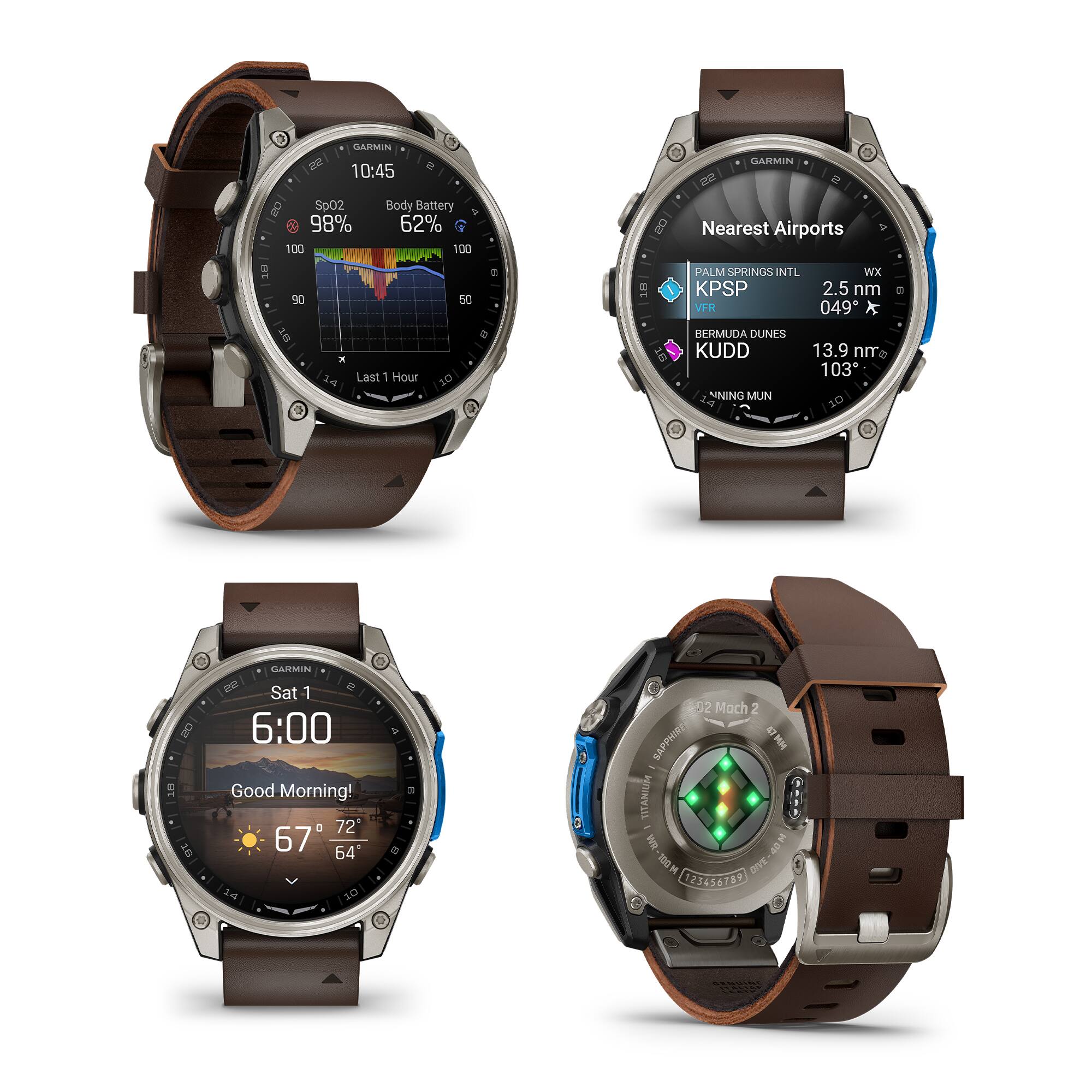 GARMIN  
10:45  
SpO2 Body Battery  
98% 62%  
100 100 18 90 50 18  
Last 1 Hour  

Nearest Airports  
PALM SPRINGS INTL WX KPSP 2.5 nm VFR 049°  
BERMUDA DUNES KUDD 13.9 nm 103°  

Sat 1  
6:00  
Good Morning!  
72° 67° 64°  

SAPPWIRE  
TITANIUM WR 40M 100M  
DVE  
023456789