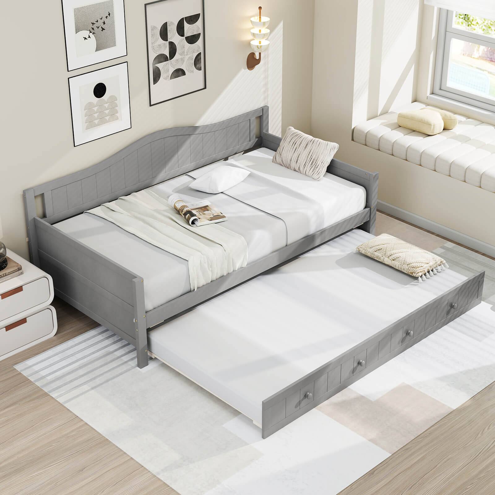 Alt View 5. Costway - Costway Twin Size Daybed with Trundle Solid Wood Sofa Bed with Slats Support Guest Bed Gray - Grey.