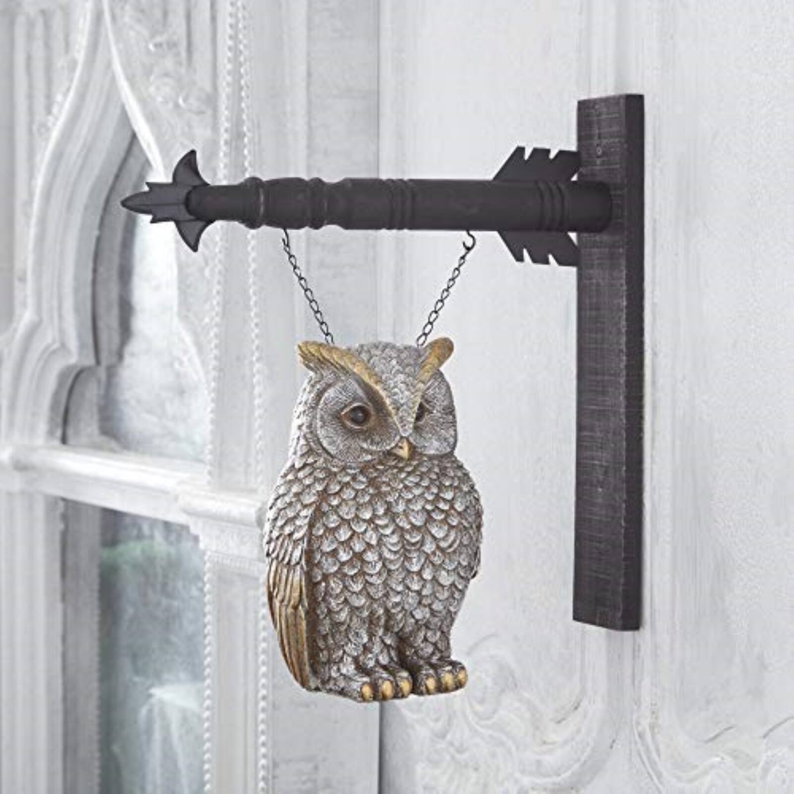 Left. K&K Interiors - K&K Interiors Silver and Gold Metallic Resin Owl Arrow Replacement Sign 11.5 inch - Arrow Sold Separately - Multicolor.