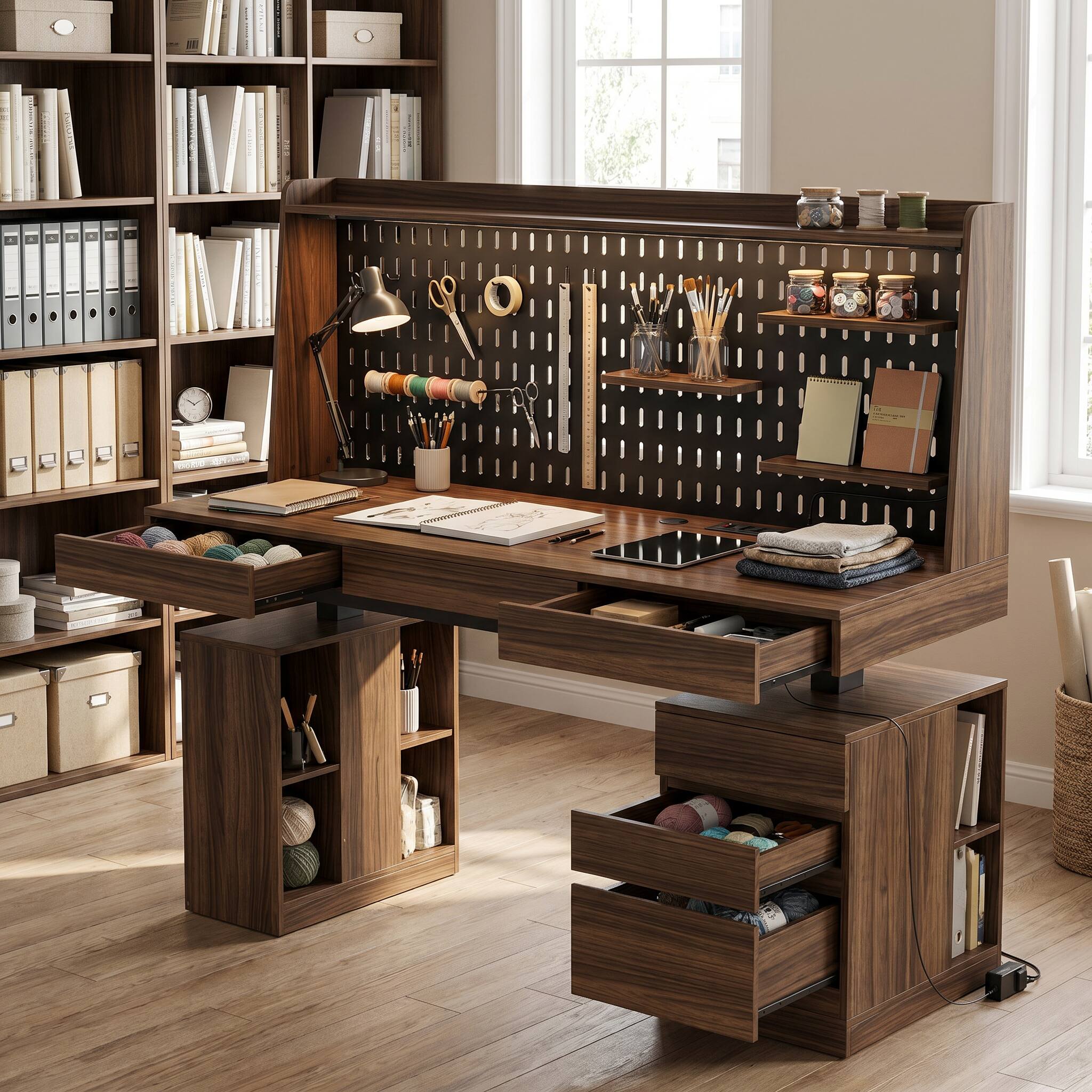 Alt View 4. Famapy - Electric Standing Desk with Pegboard, USB Outlets, Storage Drawers, 59" Walnut Workstation, 170 LBS - Walnut.