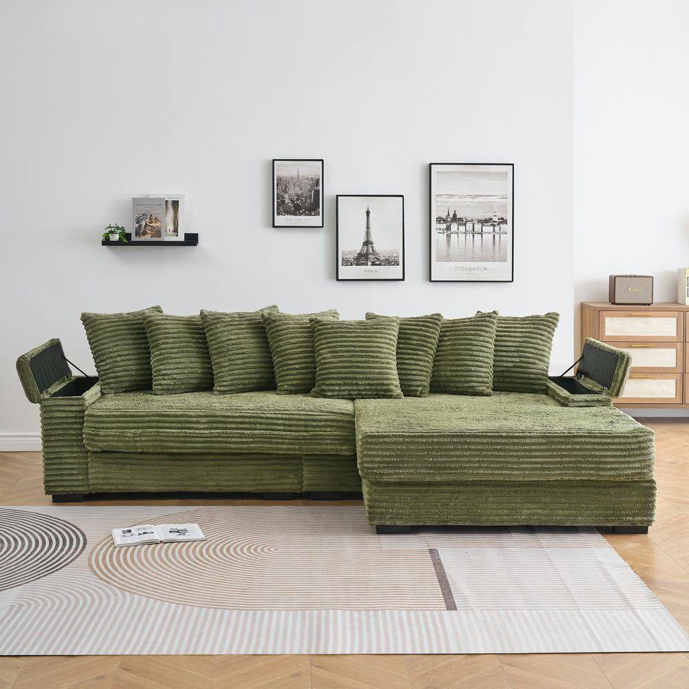 Angle. Kadyn - 111.4" Reversible Chaise Sectional, Corduroy Fabric with Armrest Storage and Cup Holders, Green - Green.