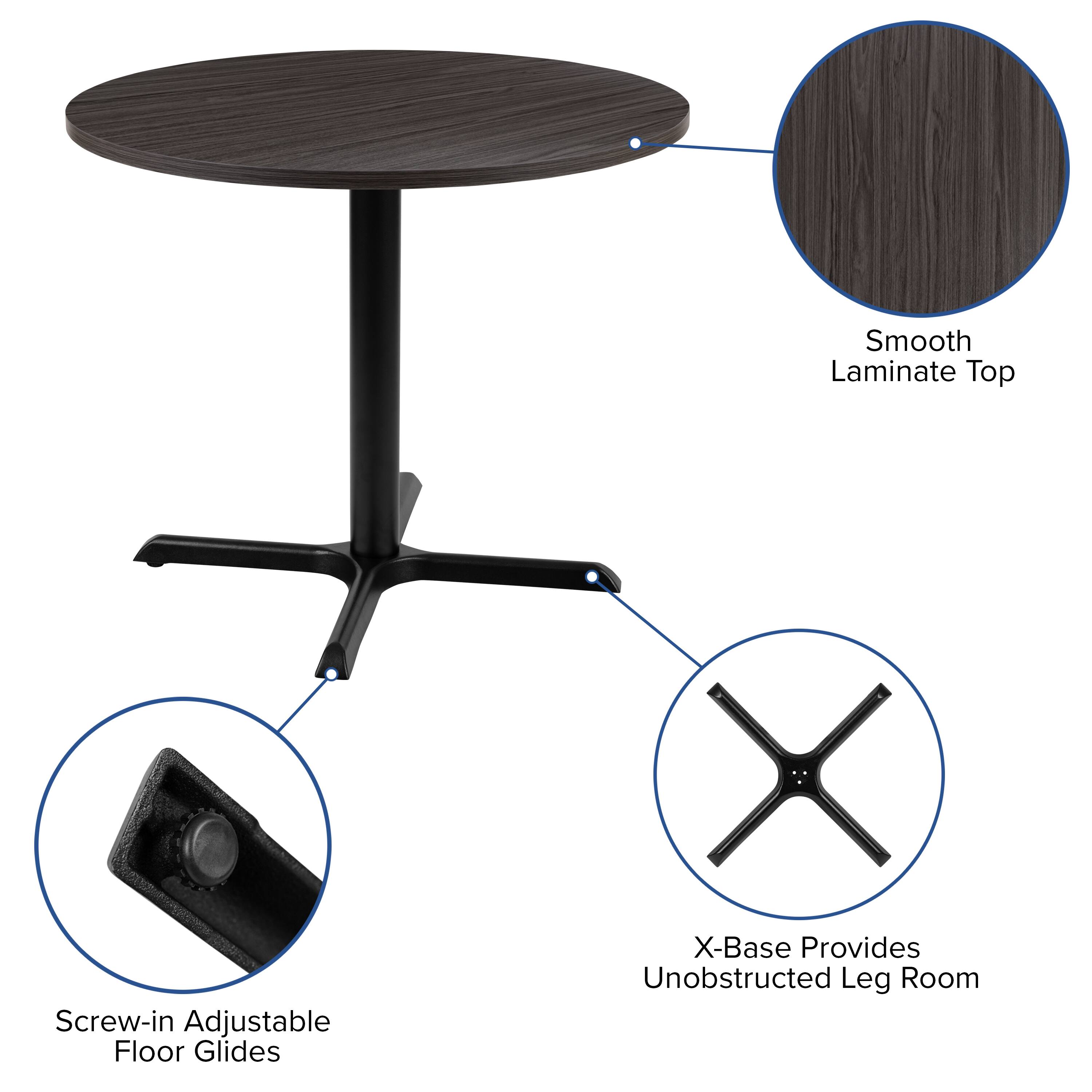 Smooth Laminate Top  
Screw-in Adjustable Floor Glides  
X-Base Provides Unobstructed Leg Room