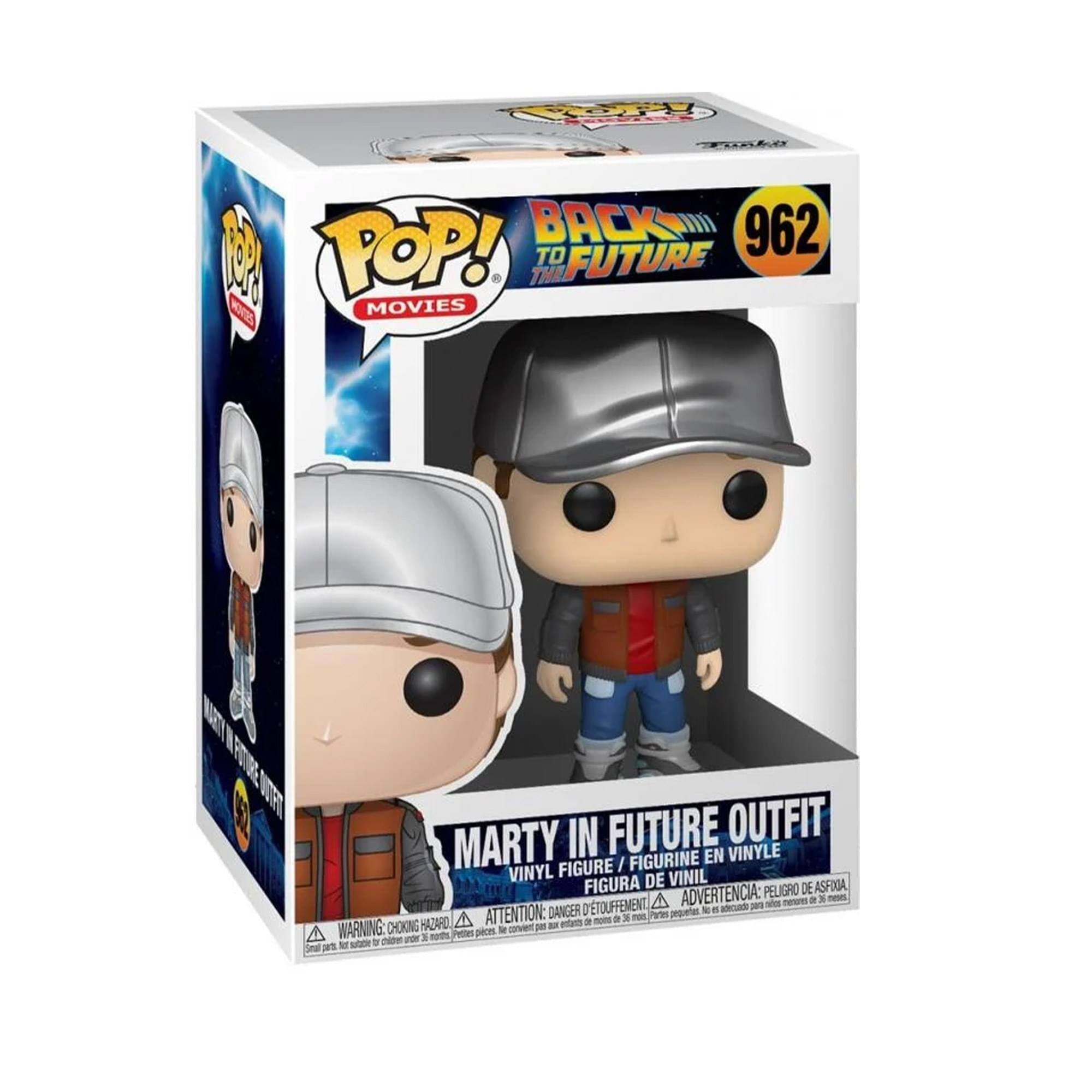 Sure, here is the corrected and grouped text from the image:

---

**Front:**
- POP! MOVIES
- BACK TO THE FUTURE
- 962
- MARTY IN FUTURE OUTFIT
- VINYL FIGURE / FIGURINE EN VINYLE / FIGURA DE VINIL / FIGURA DE VINIL

**Warnings:**
- WARNING: CHOKING HAZARD - Small parts. Not for children under 3 years.
- ATTENTION: PELIGRO DE ASFIXIA - Pequeñas piezas. No es adecuado para menores de 3 años.
- ADVERTENCIA: PELIGRO DE ASFIXIA - Pequeñas piezas. No es adecuado para menores de 3 años.

**Side:**
- MARTY IN FUTURE OUTFIT

---