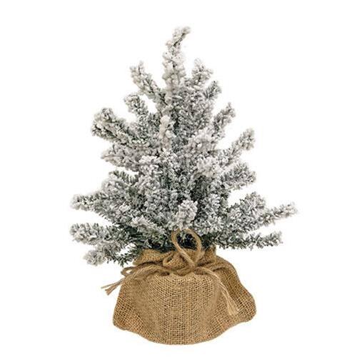 Front. BreeBe - Flocked Mini Pine Tree w/Burlap Base 12" - White.