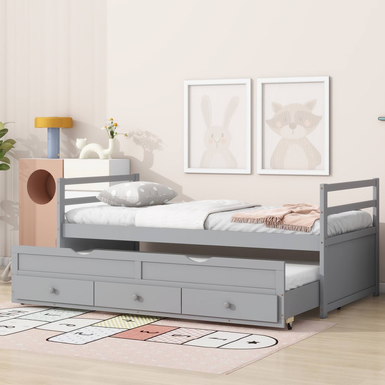 Alt View 4. Ecooso - Twin Size Bed with Headboard, Footboard, Trundle and Three Storage Drawers, Twin Size Pine Wood Bed with Headboard - Grey.