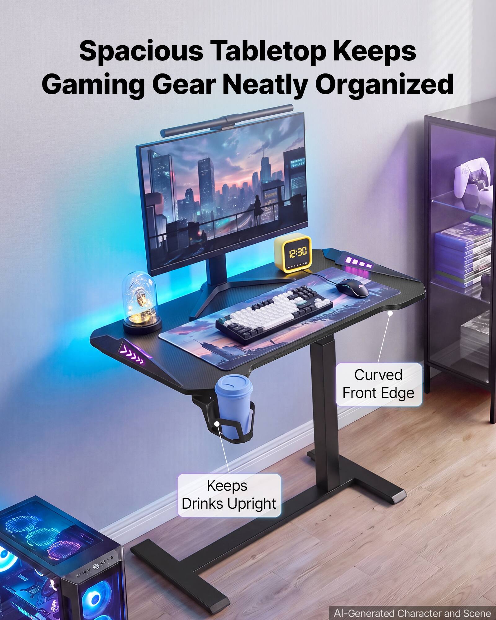 Spacious Tabletop Keeps Gaming Gear Neatly Organized

12:30
>>>>>
Curved Front Edge
Keeps Drinks Upright
AI-Generated Character and Scene