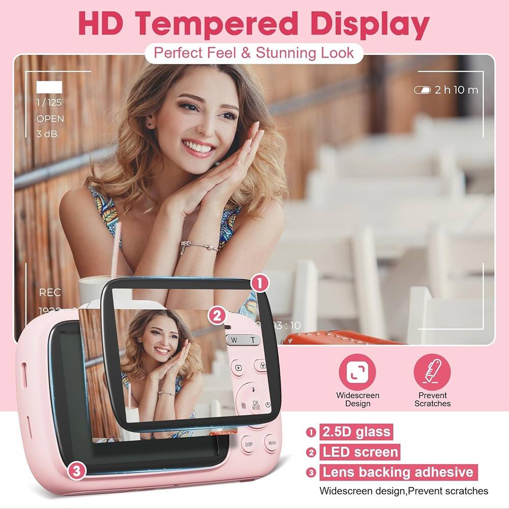 HD Tempered Display  
Perfect Feel & Stunning Look  

1. 2.5D glass  
2. LED screen  
3. Lens backing adhesive  

Widescreen Design, Prevent Scratches  

1. 1/125  
2. OPEN  
3. 3 dB  

REC 1920x1080  

2 h 10 m  

Widescreen Design  
Prevent Scratches