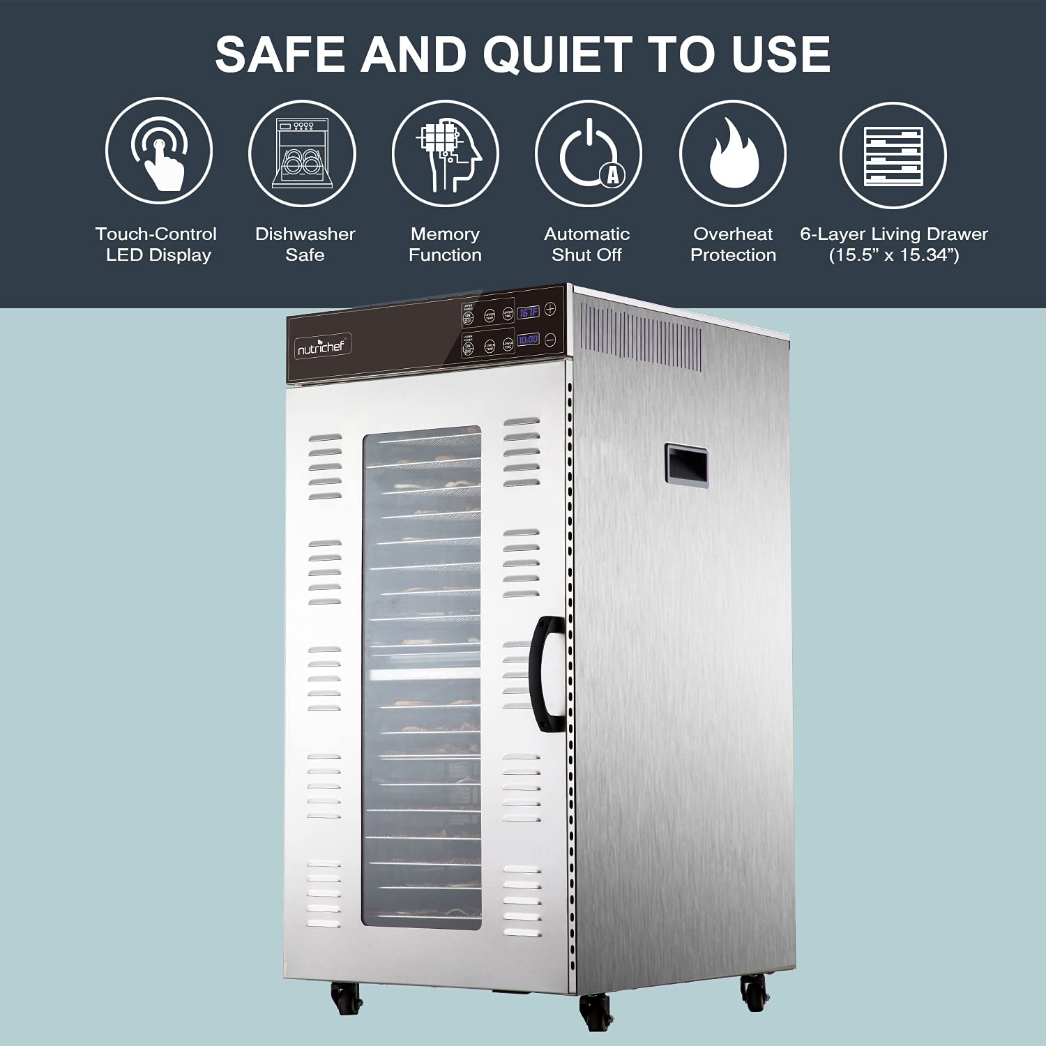 SAFE AND QUIET TO USE

- Touch-Control LED Display
- Dishwasher Safe
- Memory Function
- Automatic Shut Off
- Overheat Protection
- 6-Layer Living Drawer (15.5" x 15.34")