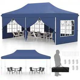 Costway - 10 x 20FT Pop up Canopy Outdoor Canopy Tent with 6 Sidewalls Carrying Bag - Blue