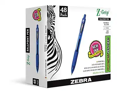 Zebra Z-Grip Ballpoint Pen
48 Pack
Advanced Blue Ink
1.0mm Point
Smoothest Pen Ever!
New Ink
Latch-Inside Rubber Grip
Metal Clip
Clear Barrel for Ink Supply Monitoring
48 Blue Ink Pens