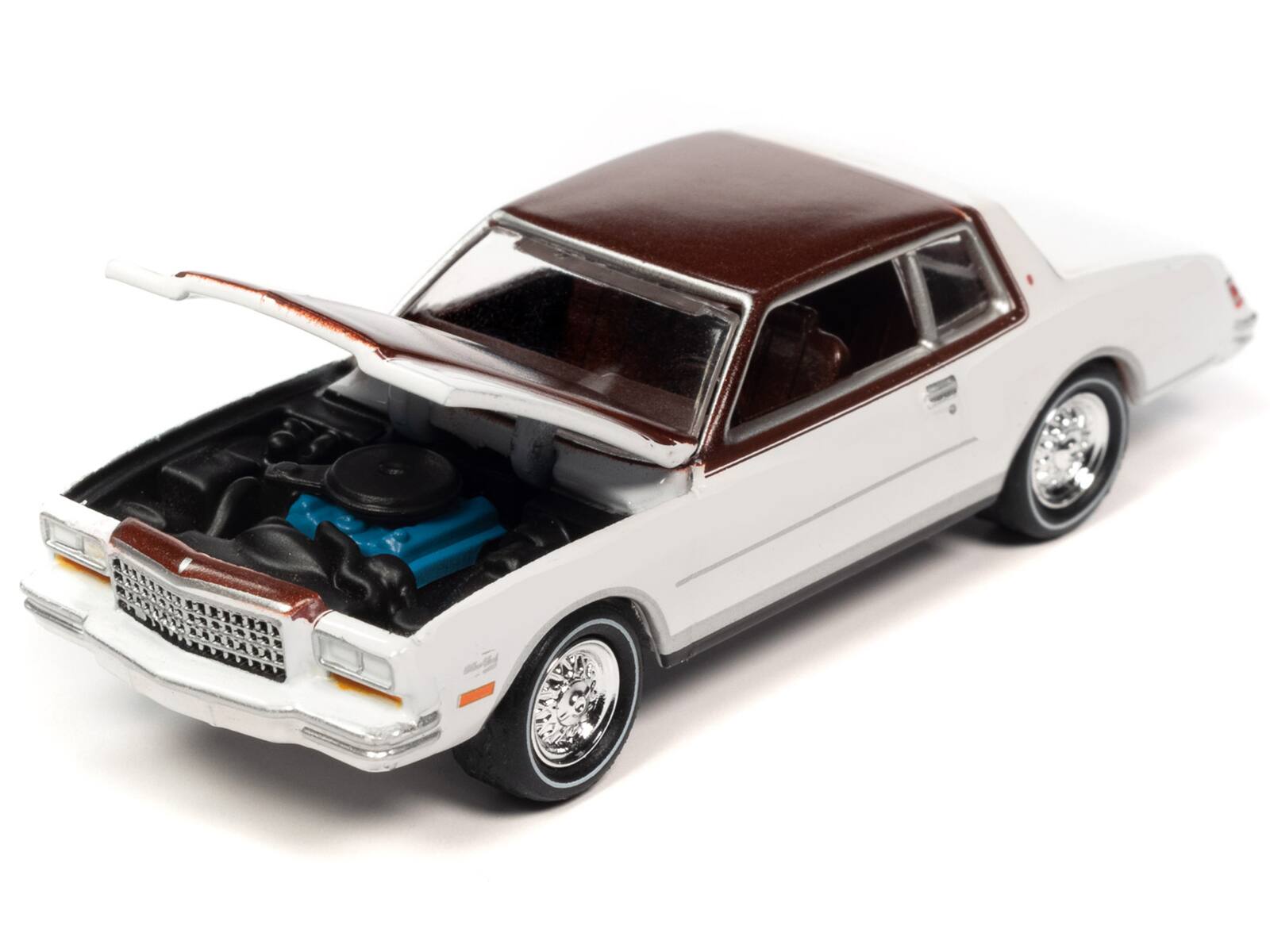 Angle. Johnny Lightning - 1980 Chevrolet Monte Carlo White Dark Claret Brown Metallic Top & Hood Limited 3508pcs OK Used Cars 2023 1/64 - White and Dark Claret Brown Metallic.