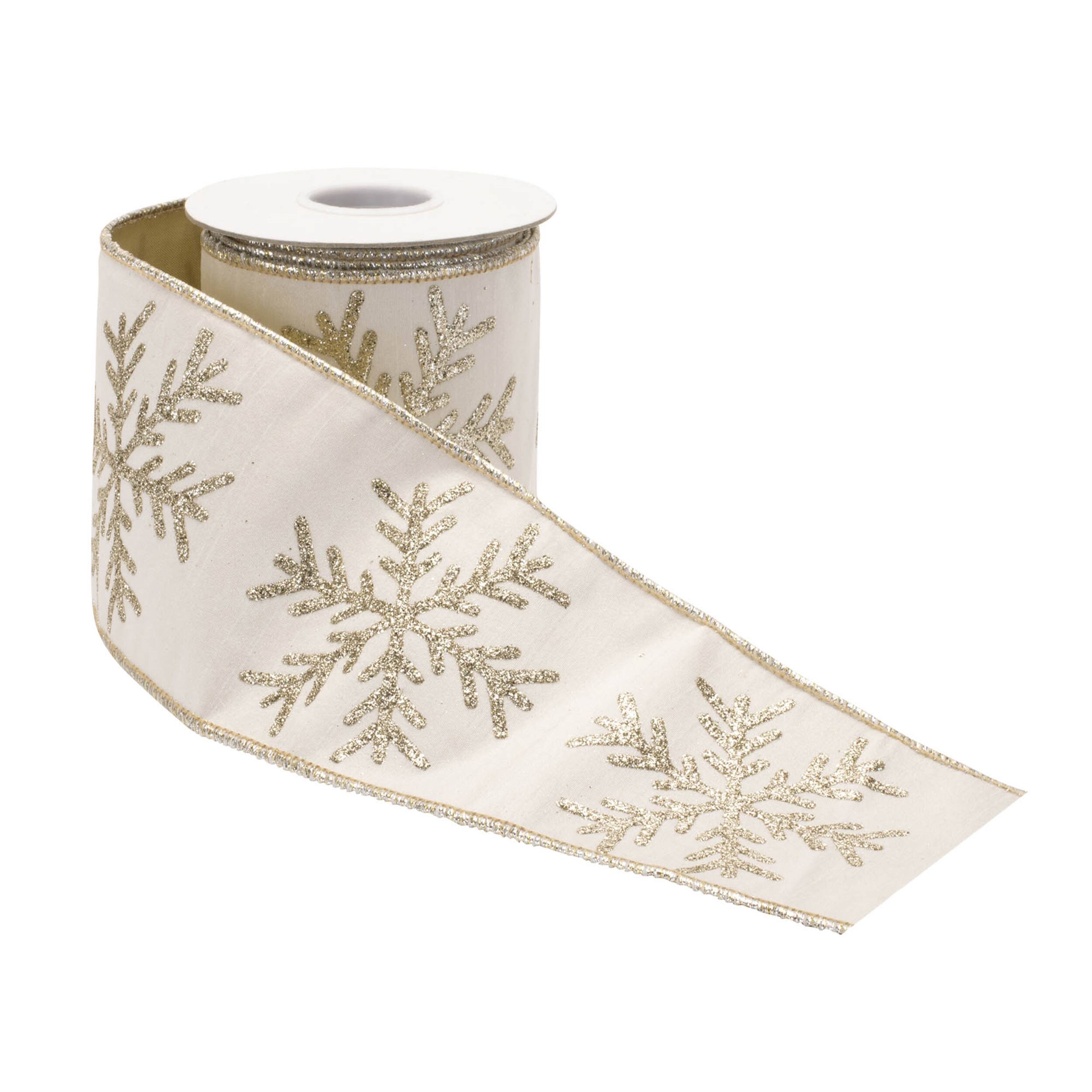 Angle. BreeBe - Glittered Snowflake Wired Ribbon 4" x 5 Yds. - Beige, Gold.