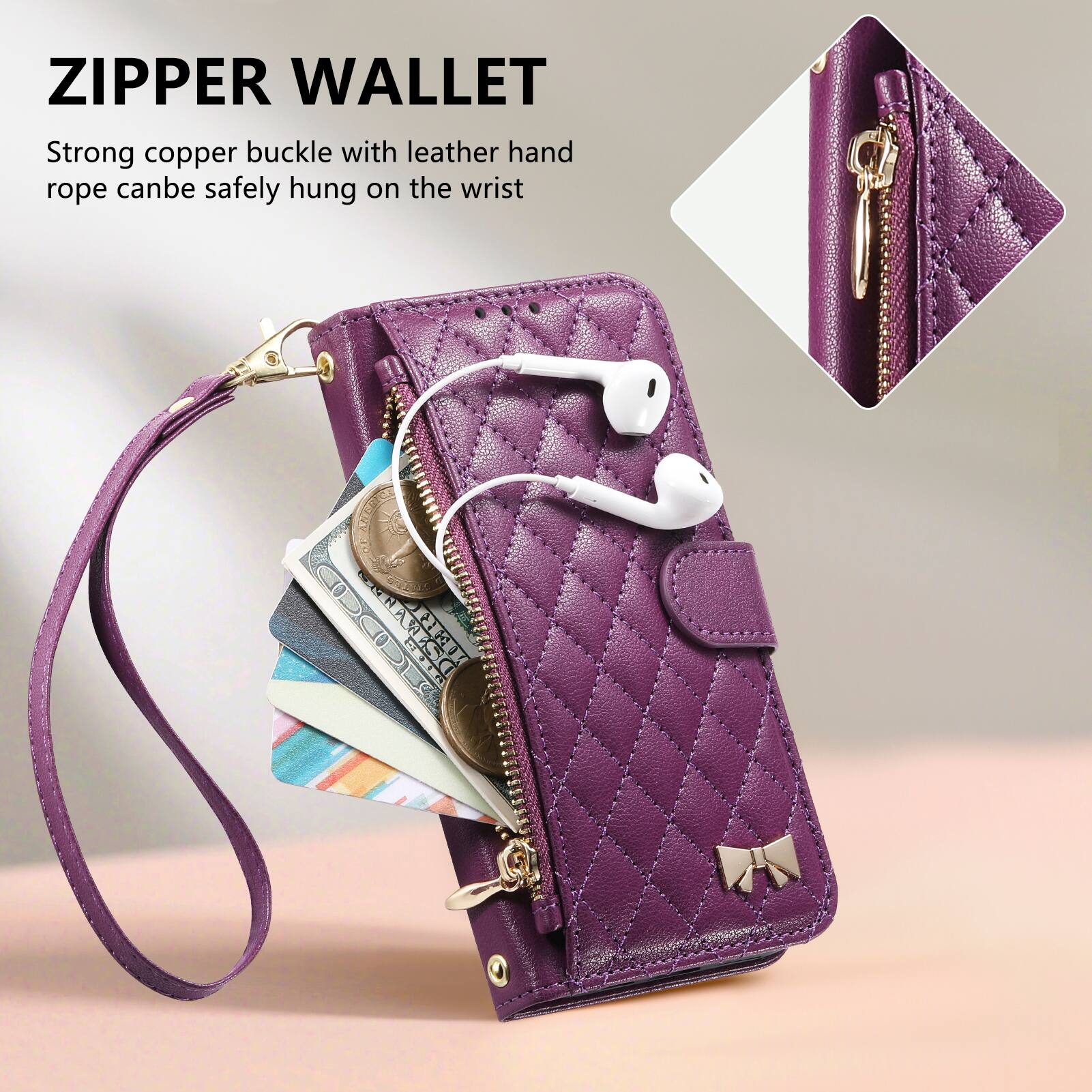 ZIPPER WALLET

Strong copper buckle with leather hand rope can be safely hung on the wrist