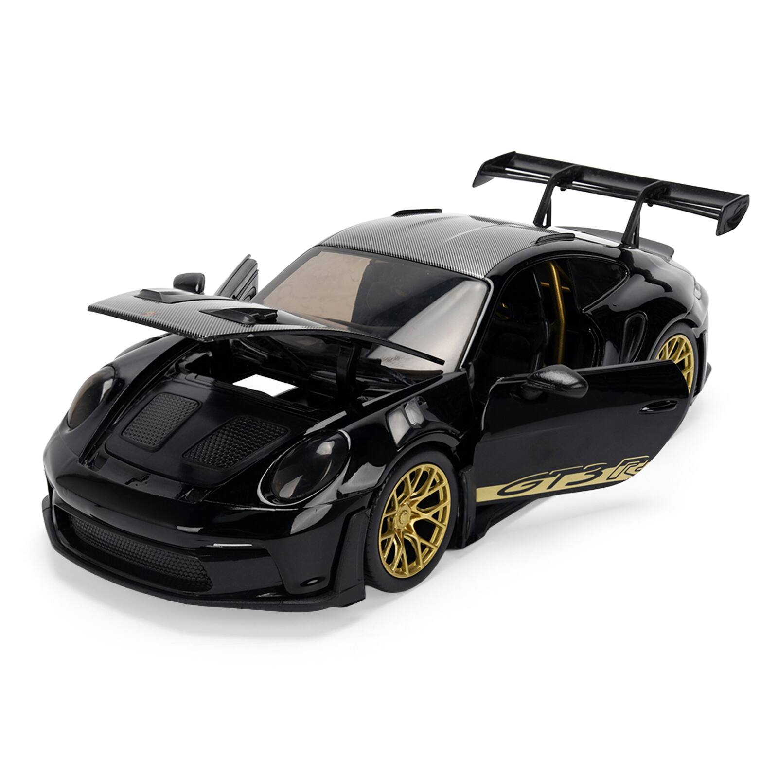 Alt View 1. Jada - Porsche 911 (992) GT3 RS Black with Carbon Top & Hood Stripes & Gold Wheels "Hyper-Spec" 1/24 Diecast Model Car by Jada.