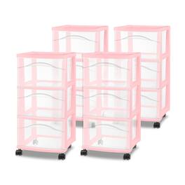Sterilite - 3 Drawer Storage Cart Plastic Rolling Organization, Frost, 4 Pack - Pink