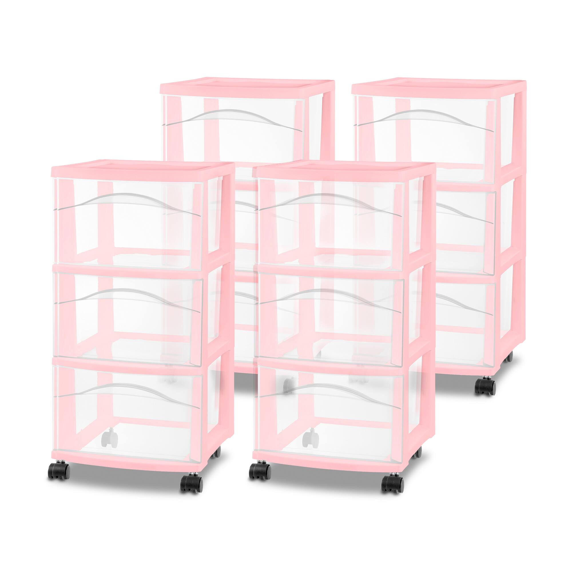 Front. Sterilite - Sterilite 3 Drawer Storage Cart Plastic Rolling Organization, Pink Frost, 4 Pack - Pink.