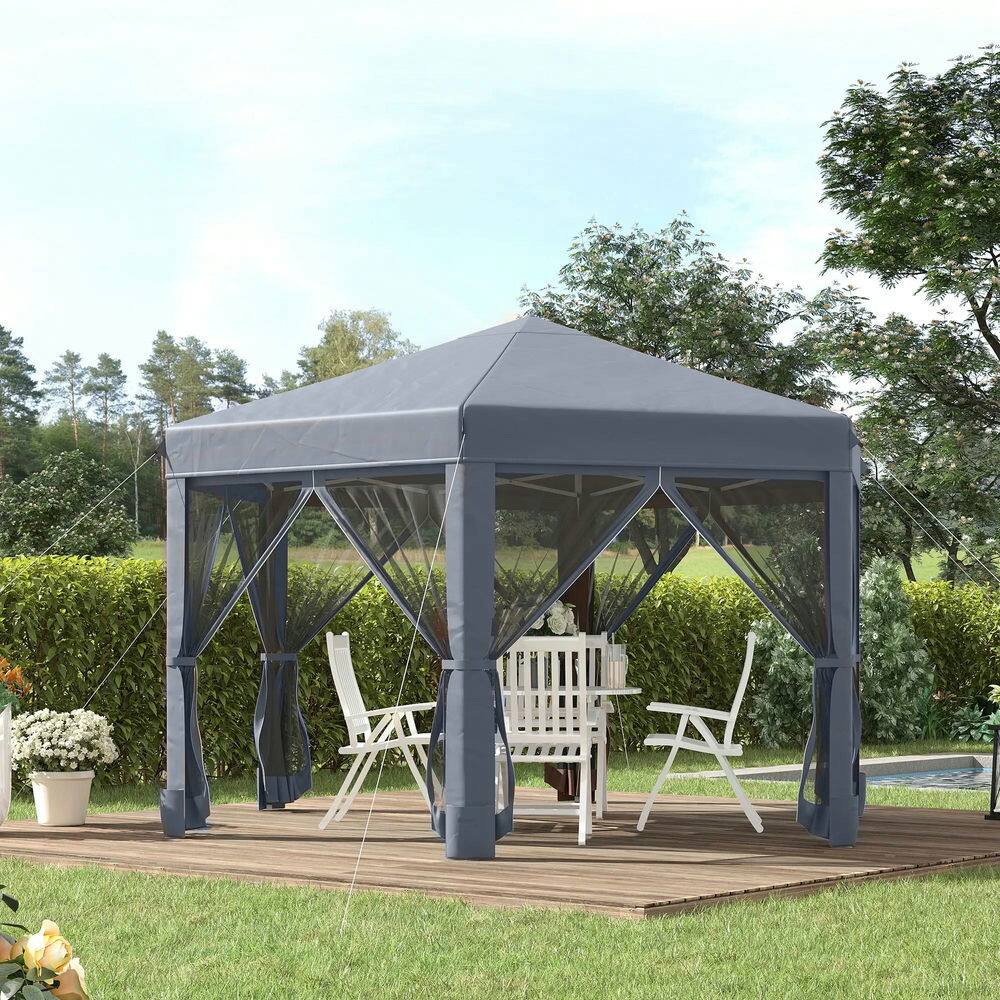 Alt View 6. Spaco - Spaco 13' x 11' Hexagonal Pop Up Gazebo,6 Sidewall Netting,Adjustable Height - Dark Grey.